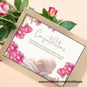 Carte de félicitations pour petite fille, carte de voeux pour nouveau-né fille, carte de bébé florale rose, nouveau cadeau pour petite fille, faire-part de naissance
