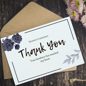 Cartão de agradecimento feito à mão com rosas azuis e design floral elegante, cartão de agradecimento, nota de agradecimento para ocasiões especiais,