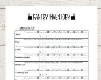 May include: A printable pantry inventory checklist with a black and white design. The checklist includes a list of common pantry items such as sugar, flour, cereal, spaghetti noodles, pasta sauce, strawberry jelly, potato chips, breakfast bars, ketchup, and olive oil.  The checklist has columns for quantity type, servings, packs, boxes/bags, pounds, and jars/bottles.