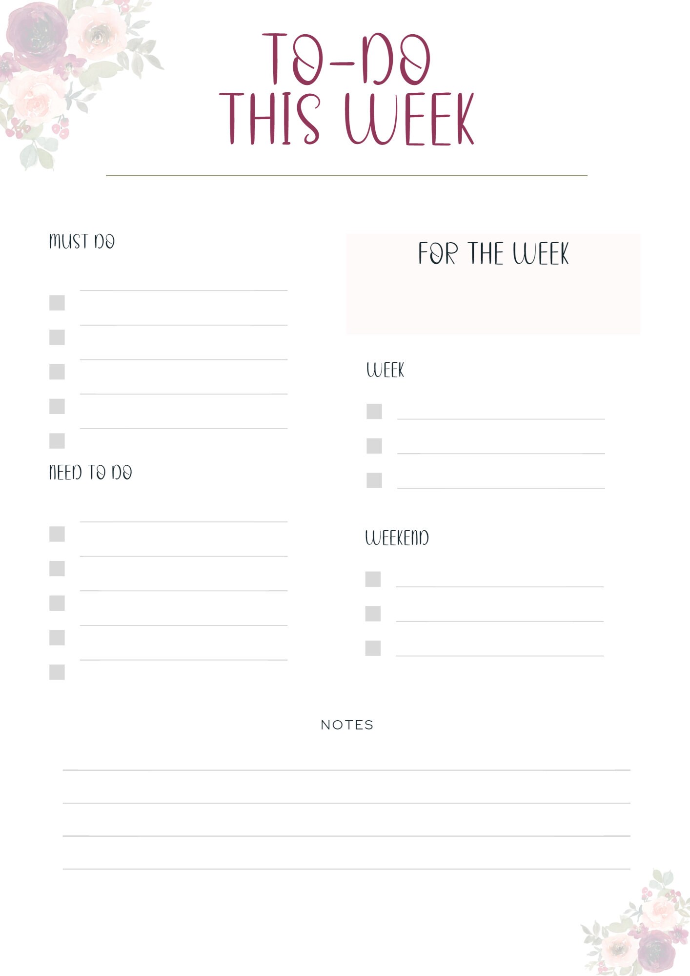 Printable Weekly Planner: Blush Floral Watercolor - Etsy