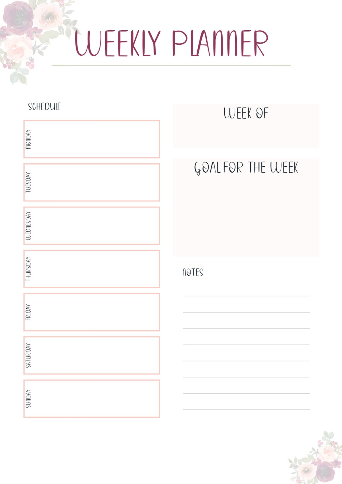 Printable Weekly Planner: Blush Floral Watercolor - Etsy