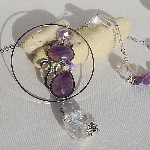 Cat Suncatcher, Birthstone Amethyst Purple Shine Hanging , Protect Crystal Decoration