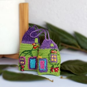 Embroidered Fairy house Personalized, Small Crochet Hanging Cottage ,Handmade BOHO Embroidery Car or Wall  Decor ,Small Stuffed