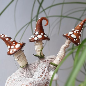 Mushroom Stick, Plant Pot Shroom Pick Decor, Fairy Garden Plant Amanita Stakes, Handmade Witchy Shroom Hat finding image 1