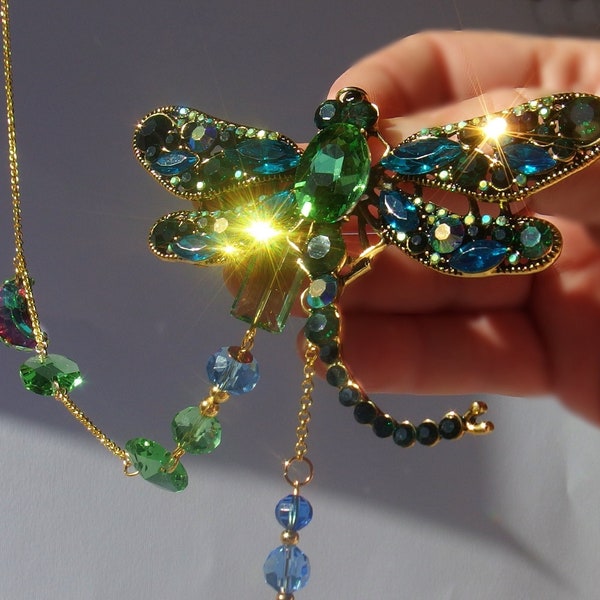 Crystal  Dragonfly Big Sparkly Suncatcher on Golden Chain for Window Hanging Decor Handmade