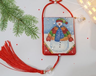 Miniature Snowman Sign  Christmas Tree decor - Winter -Magic Garden Snow - Hanging XMAS Sign