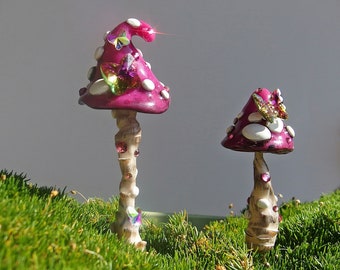 Mushroom Plant Stake  with Butterfly decor, Indoor Small Pink Ornament Poly Clay Handmade Gift in BOX