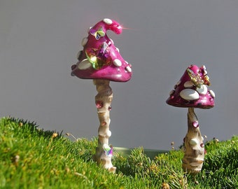 Mushroom Plant Stake with Butterfly decor, Indoor Small Pink Plant Pick Ornament, Clay Handmade Gift  for Her