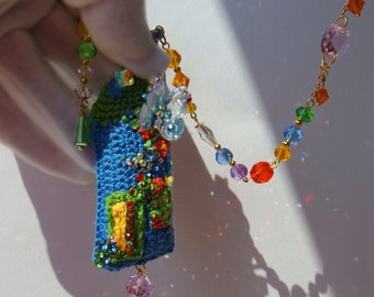 Handmade Suncatcher with Crystal Butterflies and Zircons on Embroidery Fairy House for Window - Complicated