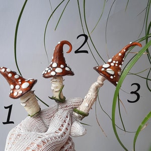 Mushroom Stick, Plant Pot Shroom Pick Decor, Fairy Garden Plant Amanita Stakes, Handmade Witchy Shroom Hat finding image 6