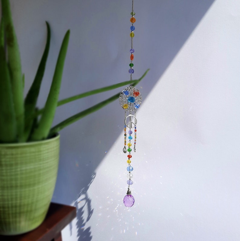 Crystal Suncatcher Long Hippie Window Décor with Peace Sign and Paw Symbols, Birthday Gift image 1