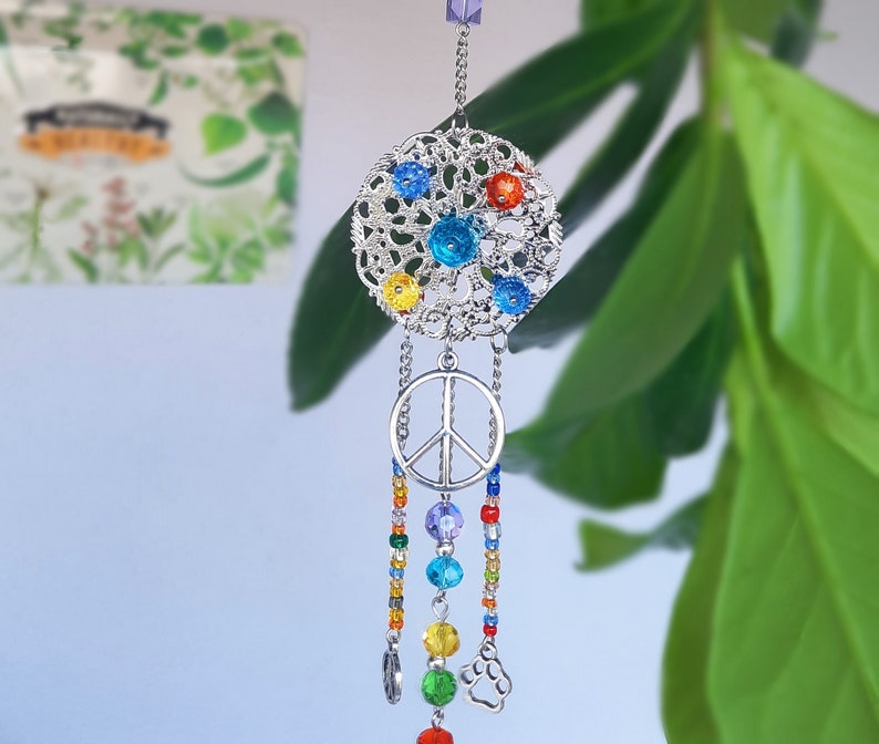 Crystal Suncatcher Long Hippie Window Décor with Peace Sign and Paw Symbols, Birthday Gift image 8