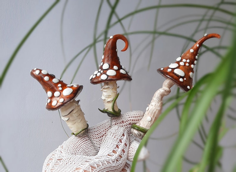 Mushroom Stick, Plant Pot Shroom Pick Decor, Fairy Garden Plant Amanita Stakes, Handmade Witchy Shroom Hat finding image 1
