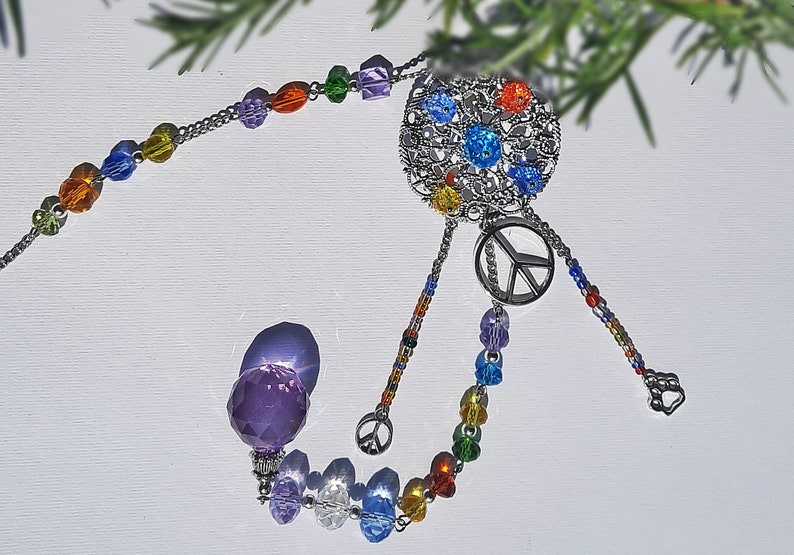 Crystal Suncatcher Long Hippie Window Décor with Peace Sign and Paw Symbols, Birthday Gift image 6