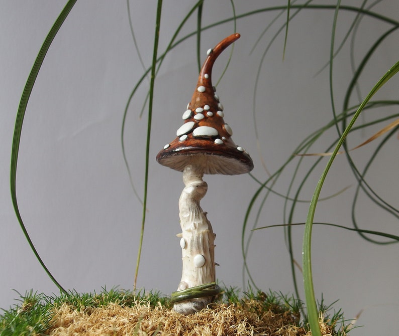Mushroom Stick, Plant Pot Shroom Pick Decor, Fairy Garden Plant Amanita Stakes, Handmade Witchy Shroom Hat finding image 2
