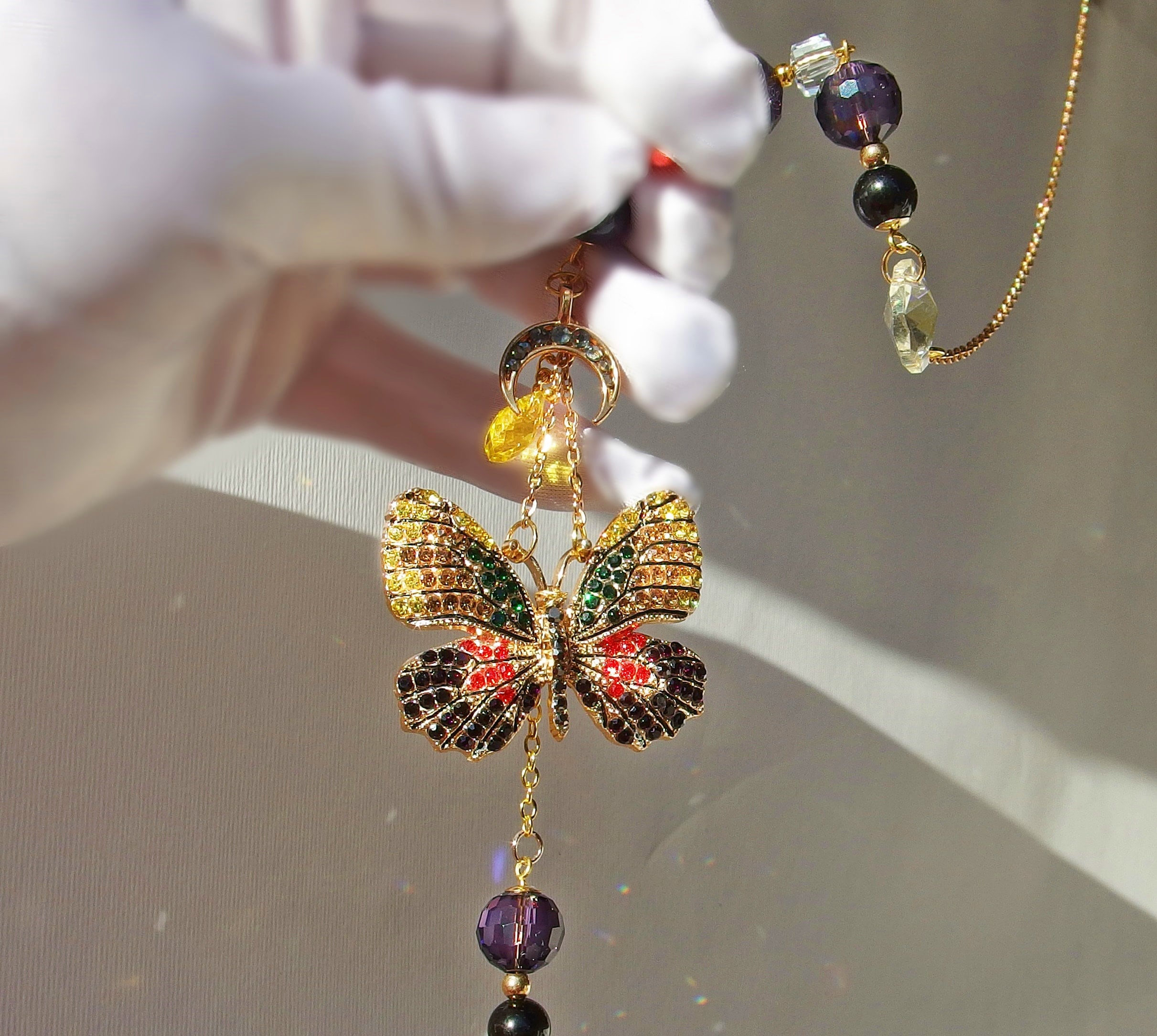 Suncatcher Butterfly with Moon and Healing Tourmaline, Window Crystal Décor, Long Glass Hanging Butterfly Lightcatcher, Best Gift for Her