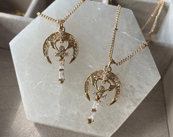 crescent moon necklace, guardian princess, cubic zirconia