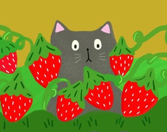Print, 4 x6: Cat in Strawberry patch