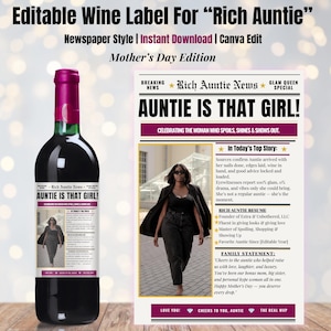 Może przedstawiać: Butelka wina z etykietą "Auntie is That Girl!" w stylu gazety. Etykieta to edycja na Dzień Matki i zawiera zdjęcie kobiety. Etykieta jest edytowalna.