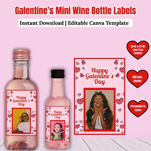 Edytowalny szablon Canva: Miniaturowe etykiety na butelki wina z okazji Galentynki (50 ml i 187 ml) – do pobrania w wersji cyfrowej