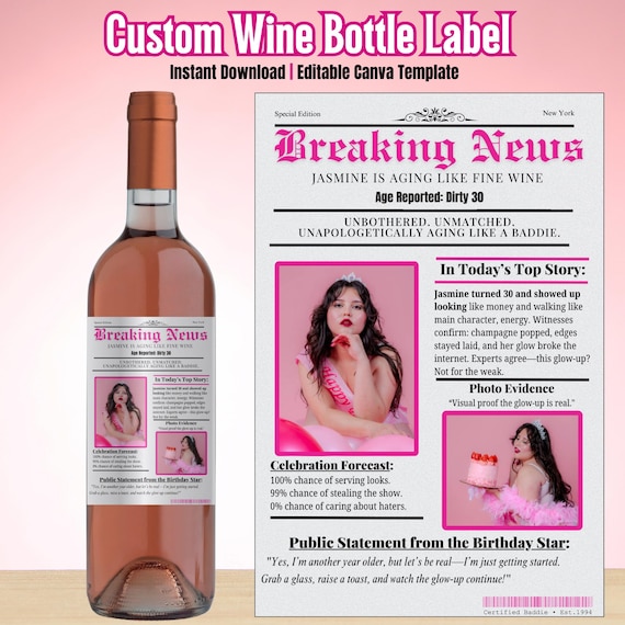 Custom Birthday Wine Label Template: Sassy Gift (Canva Editable, Digital Download)
