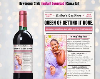 Funny Mother's Day Wine Label: Newspaper Style Canva Template (Digital Download)