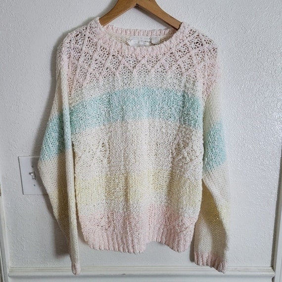 Vintage Handmade Rainbow Pastel Sweater Medium - image 2