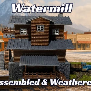 Assembled & Weathered Mountain Watermill -  Model Railroad Cabin | T Scale, Z Scale, N Scale, HO Scale, S Scale, O Scale | Diorama Structure