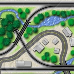 May include: A top-down diagram of a model train layout featuring a folded eight track configuration. The scene includes a winding blue river, clusters of green trees, and several small gray buildings. Text in the corner reads TP-4 Folded Eight tgauge.com.
