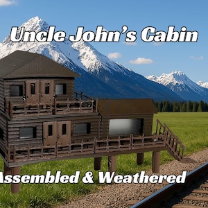 Assembled & Weathered Uncle John&#39;s Cabin -  Model Railroad Cabin | T Scale, Z Scale, N Scale, HO Scale, S Scale, O Scale | Diorama Structure