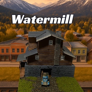 May include: A miniature model of a watermill with the word "Watermill" in white text. The watermill is brown with a dark gray roof and sits on a stone foundation. A blue truck is parked under the mill. The background features a mountain range and other buildings.