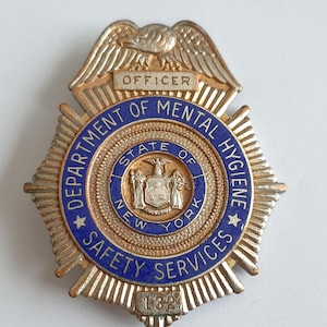 May include: A metallic badge featuring an eagle at the top with the word OFFICER below it. A blue circular border reads DEPARTMENT OF MENTAL HYGIENE SAFETY SERVICES. The center displays the State of New York seal, and the number 132 is at the bottom.