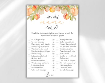 Baby Shower Game * Would Mama Rather * Sweet Peach Baby Shower Theme * Baby Girl Shower * Printable Games * Editable Shower Games * Digital