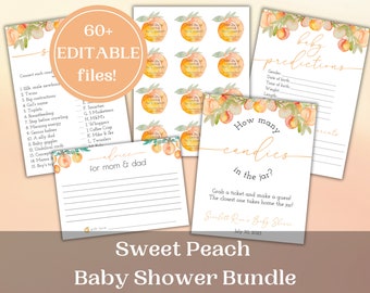 May include: A printable baby shower bundle with a peach theme. The bundle includes 60+ editable files, a baby predictions game, a "how many sweets in the jar?" game, and advice for mum and dad.