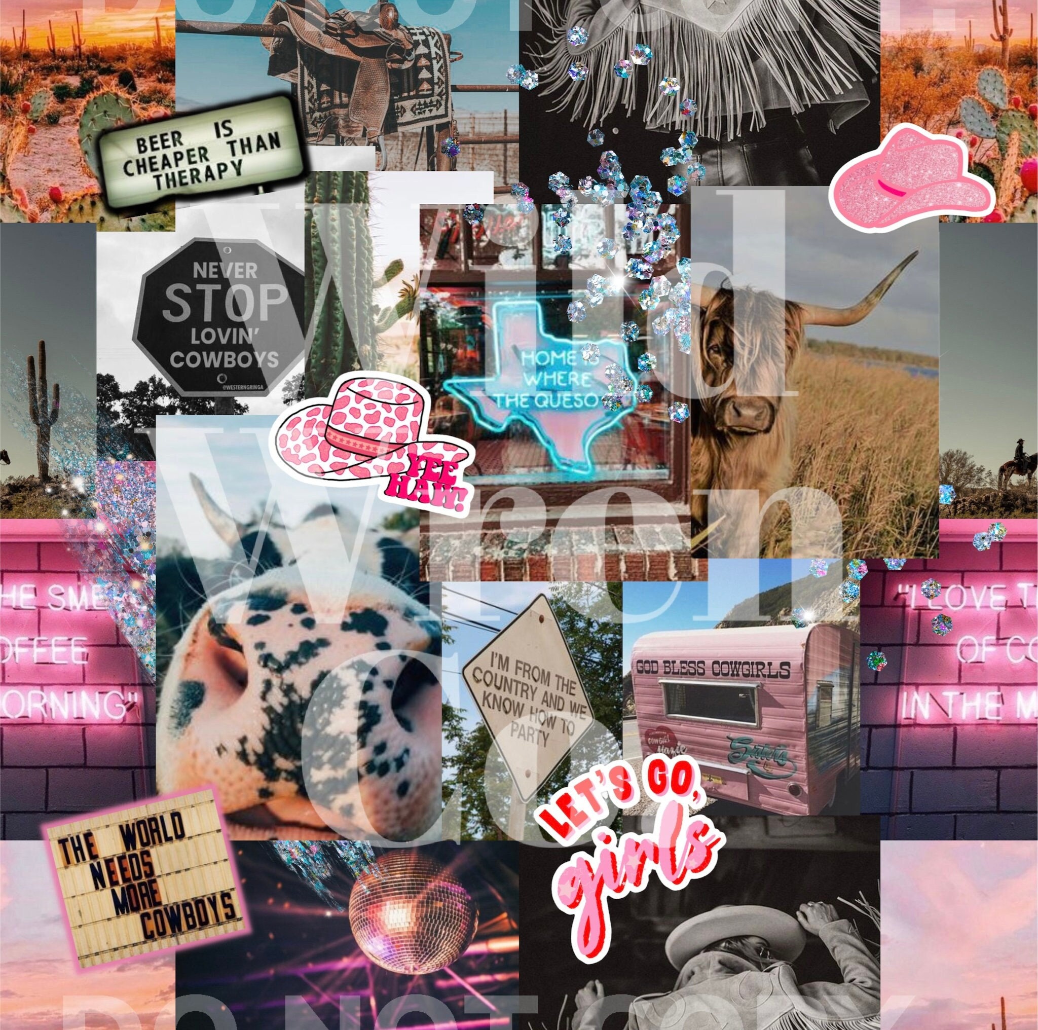 Western Cowgirl Pink Glitter Cowboy Collage Seamless File for - Etsy