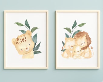 Watercolor Lion Family Art Prints, Safari Nursery Decor (Digital PDF)