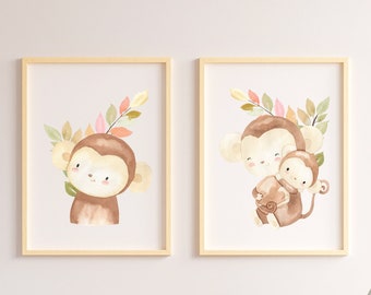 Watercolor Monkey Print Set, Safari Nursery Art (Digital PDF)