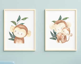 Watercolor Monkey Prints, Safari Nursery Art Set (Digital Download)