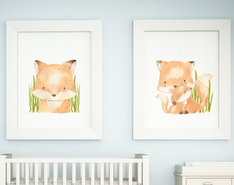 Watercolor Fox Nursery Art Set, Woodland Theme (Digital Download)