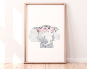 Elephant Flower Crown Watercolor Print, Baby Nursery Art (Digital Download)