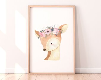 Watercolor Deer with Flower Crown Print, Boho Nursery Art (Digital Download)