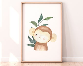 Watercolor Monkey Print, Safari Nursery Art (Digital Download)