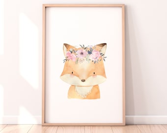 Watercolor Fox Flower Crown Print, Boho Nursery Art (Digital Download)