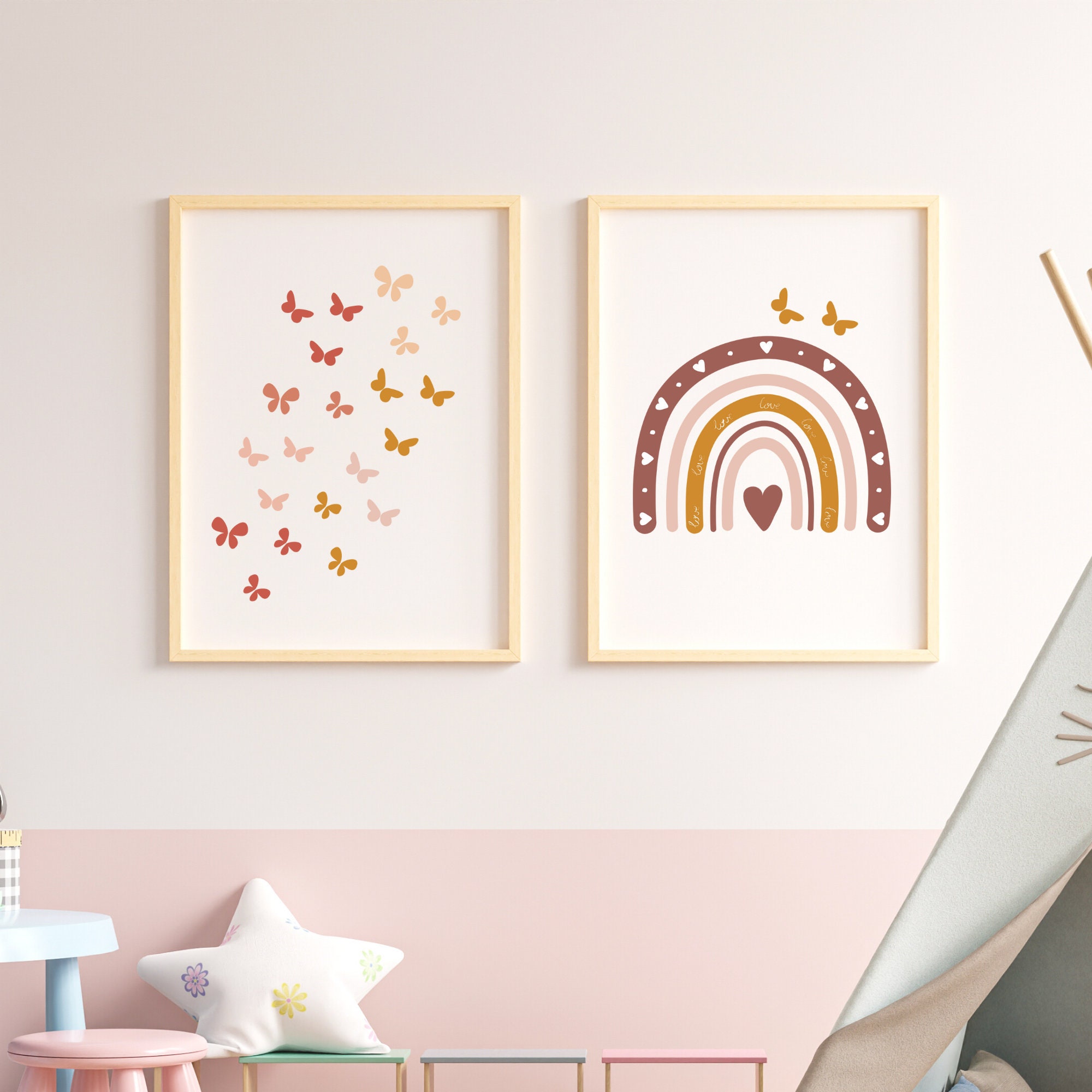 Retro Butterflies and Rainbow Nursery Wall Art Set of 2. Boho Wall Art ...