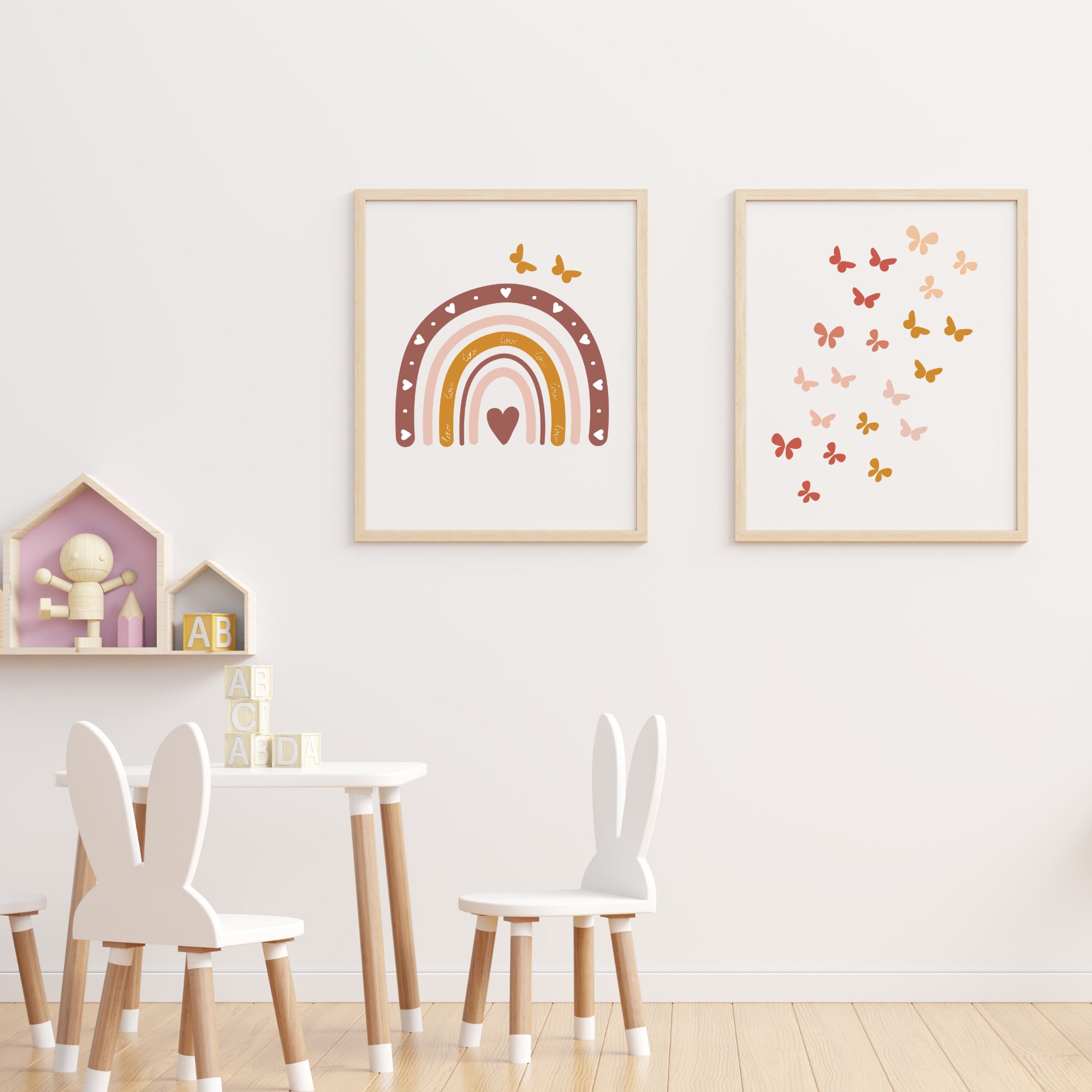 Retro Butterflies and Rainbow Nursery Wall Art Set of 2. Boho Wall Art ...