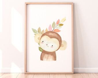 Watercolor Monkey Print, Safari Nursery Art (Digital Download)