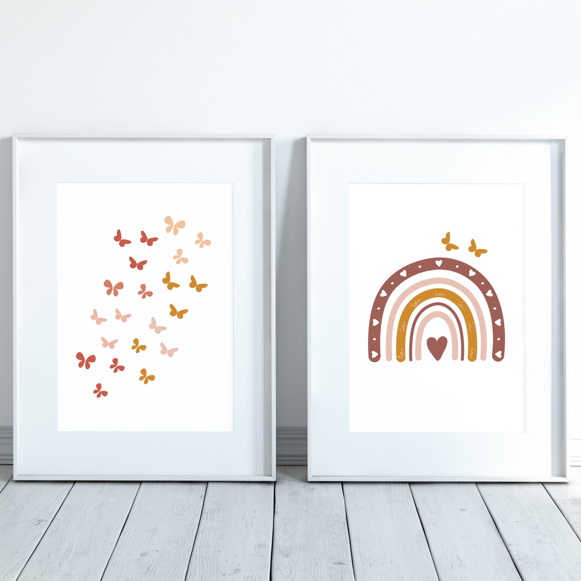 Retro Butterflies and Rainbow Nursery Wall Art Set of 2. Boho Wall Art ...