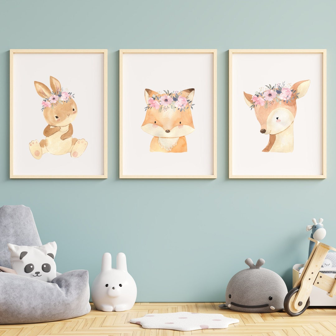 Woodland Theme Flower Crown Wall Art for Nursery Set of 3. Etsy