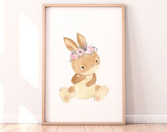 Bunny Watercolor Print | Boho Flower Crown, Nursery Art (Digital Download)