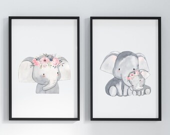 Elephant Nursery Art Set: Watercolor Flower Crown Prints (Digital Download)